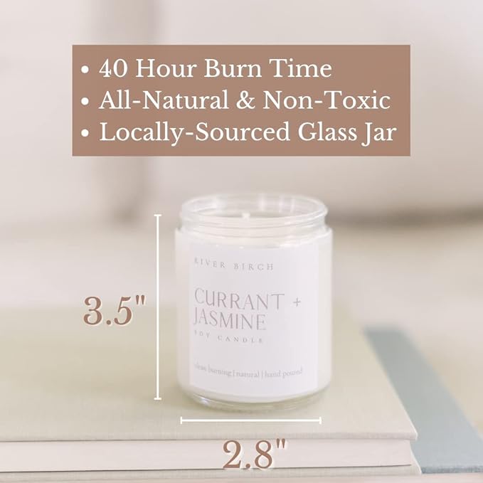 River Birch Candles Currant + Jasmine Scented Candle | Premium, All-Natural, Non-Toxic, Soy Candles | 8.5oz 40 Hr Burn Time | Cozy Relaxing Gifts for Home