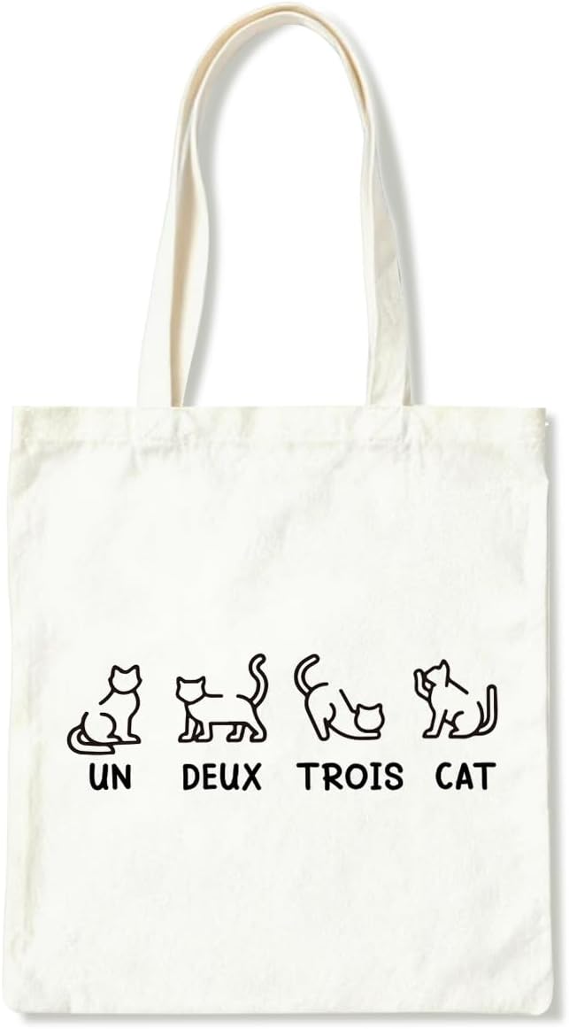 Funny Canvas Tote Bag, Un Deux Trois Cat Tote Bag, Casual Canvas Totes for Work Traveling, Reusable Grocery Shoulder Shopping Bags, Christmas Gifts to Women Friends