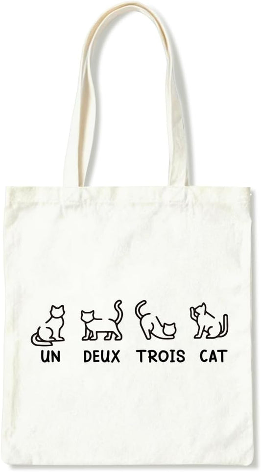 Funny Canvas Tote Bag, Un Deux Trois Cat Tote Bag, Casual Canvas Totes for Work Traveling, Reusable Grocery Shoulder Shopping Bags, Christmas Gifts to Women Friends