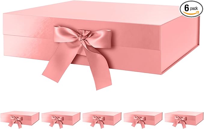 GREEN BEAN 6 Large Gift Boxes with Lids for Presents 13x9.7x3.4 Inches, Rose Gold Magnetic Gift Boxes with Ribbon, Bridesmaid Proposal Boxes, Luxury Christmas Gifts Boxes (Glossy Rose Gold)