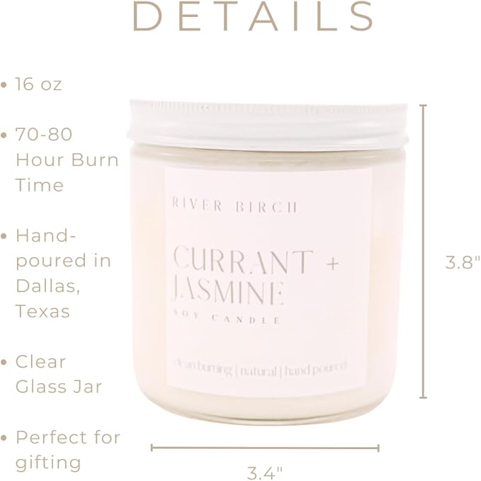 River Birch Candles Currant Jasmine Scented Candle | Premium, All-Natural, Non-Toxic, Soy Candles | 16oz 90 Hr Burn Time | Cozy Relaxing Gifts for Home
