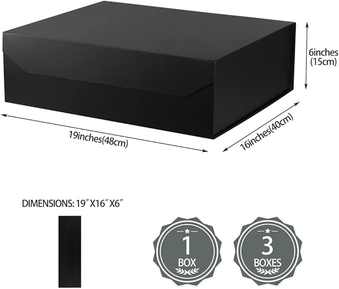 3 Pcs Matte Black Extra Large Gift Box with Lid, 19x16x6 Inches, Hard Magnetic Giant Gift Boxes for Presents Clothes Robe Wedding Dress Sweater,Reusable Foldable Bridesmaid Proposal Box