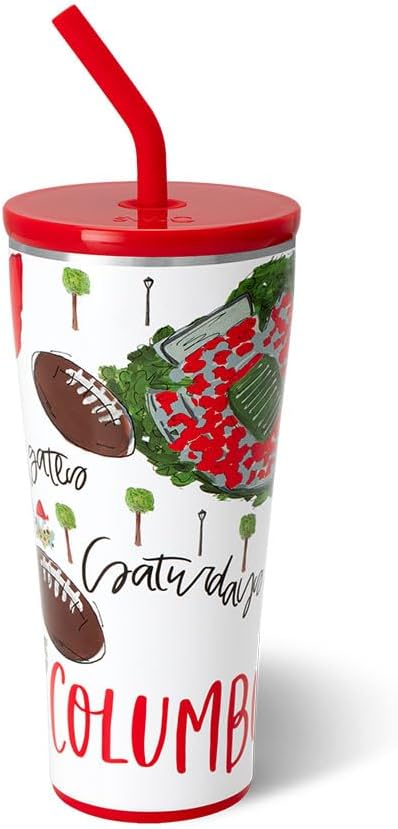 Swig Life 32oz Straw Tumbler, Travel Coffee Tumbler with Lid, Cup Holder Friendly Travel Coffee Mug, Stainless Steel, 32 oz Reusable Insulated Coffee Mug (Saturdays In Columbus)