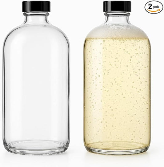kitchentoolz 2 Pack - 32oz Boston Round Clear Glass Growler - with Phenolic Poly Cone Insert Caps - Tight Seal for Secondary Kombucha Fermentation