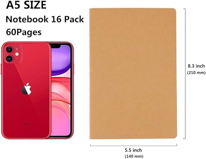 16 Pack Notebook Journals for Travelers, Students and Office, Writing Diary Subject Notebooks Planner with Thick Paper, 60 Pages, 30 Sheets, 8.3x5.5 inch, A5 Size, Travel Journal Set.(Lined)