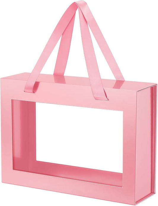 Pink Gift Box with Window, Clear Magnetic Gift Box with Handle for Present, Bridesmaid Proposal Box (10.5x7.5x3 Inches