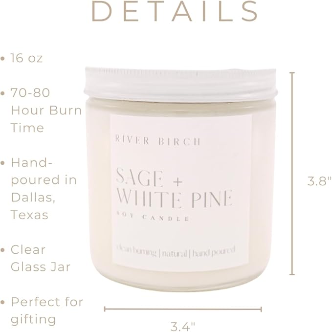River Birch Candles Sage + White Pine Scented Candle | Premium, All-Natural, Non-Toxic, Soy Candles | 16oz 90 Hr Burn Time | Cozy Relaxing Gifts for Home