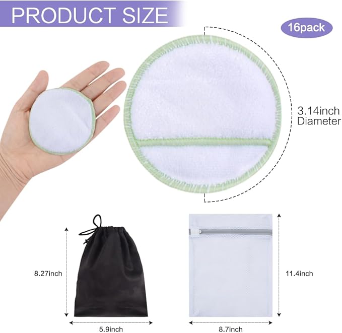 SUNLAND Reusable Makeup Remover Pads for Face,Eye,Lips 16 Pack Microfiber Face Cleansing Gloves Washable with Laundry Bag and Travel Bag Rounds Toner Pads（Round 3.15inchx16 White）