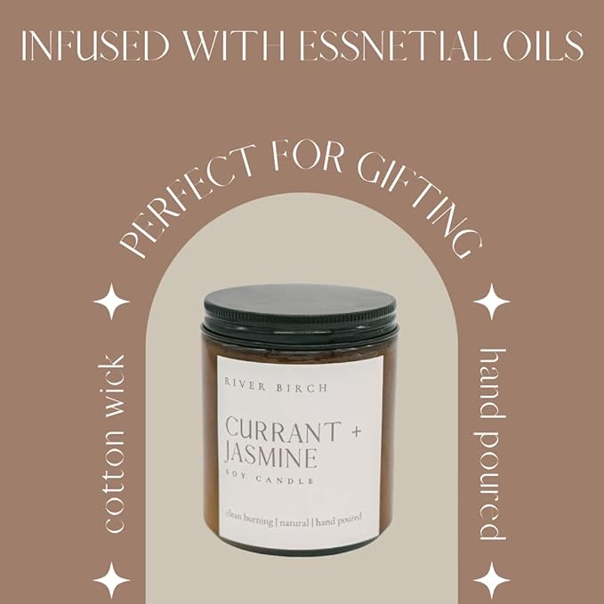 River Birch Candles Currant + Jasmine Scented Candle | Premium, All-Natural, Non-Toxic, Soy Candles | 8.5oz 40 Hr Burn Time | Cozy Relaxing Gifts for Home
