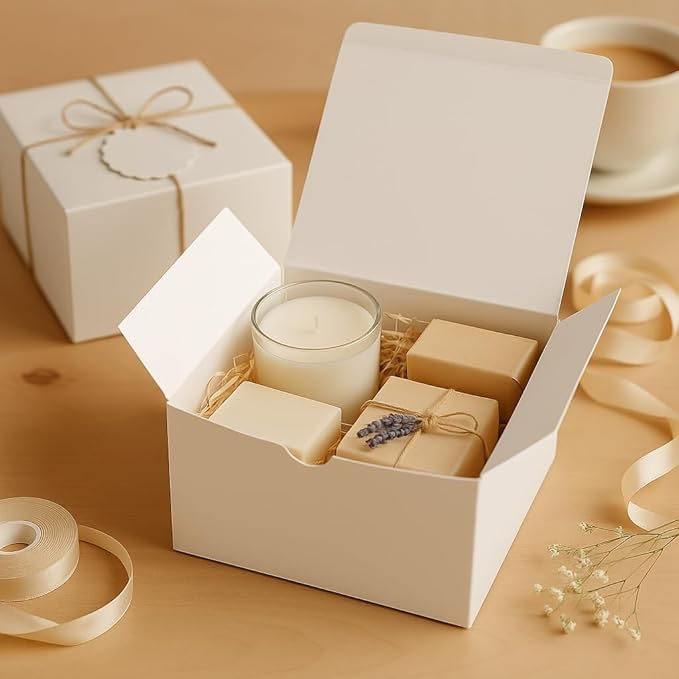 White Gift Boxes (Pack of 10) Size 8x8x4 Inches, Thick Paper Boxes with Lids, Tags & Jute Rope for Bridesmaid Proposals, Wedding Presents, Birthday Party Favor, Baby Shower and Christmas