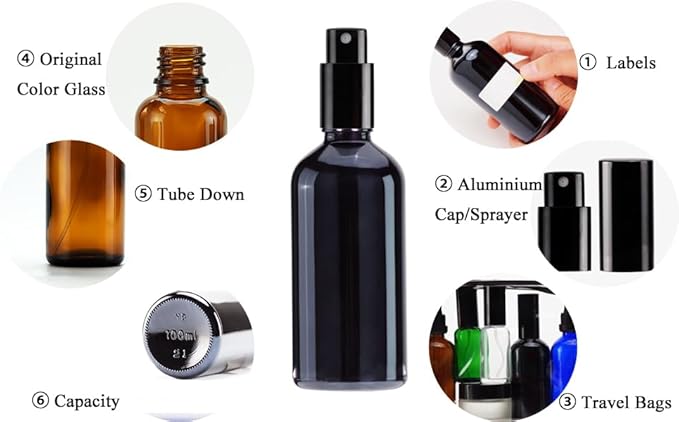 YIZHAO Black Glass Spray Bottles 4oz, with Small Fine Mist Spray, Metal Cap, Refillable for Essential Oil,Travel,Cleaning,Perfume,Aromatherapy,Makeup – 4 Pcs