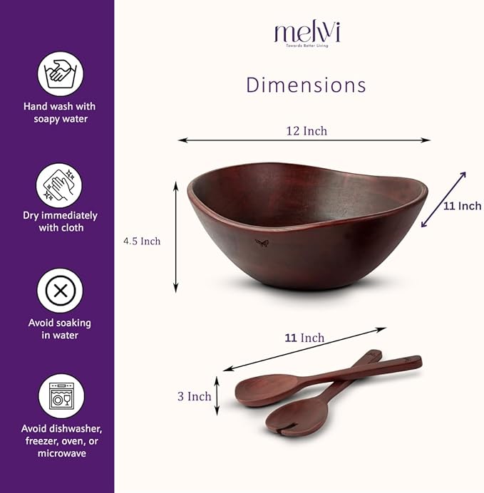 Melvvi Large Wooden Salad Bowl Set with 2 Serving Utensils | 12" Acacia Wood Royal Brown color Bowls for Food | Great Gift for Thanksgiving & Christmas (Royal Set of 3)