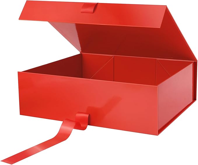 GREEN BEAN Extra Large Gift Box with Lid for Present 16.3x14.2x5 Inches, Red Magnetic Gift Box with Ribbon, Shirt Gift Boxes for Clothes (Glossy Red)