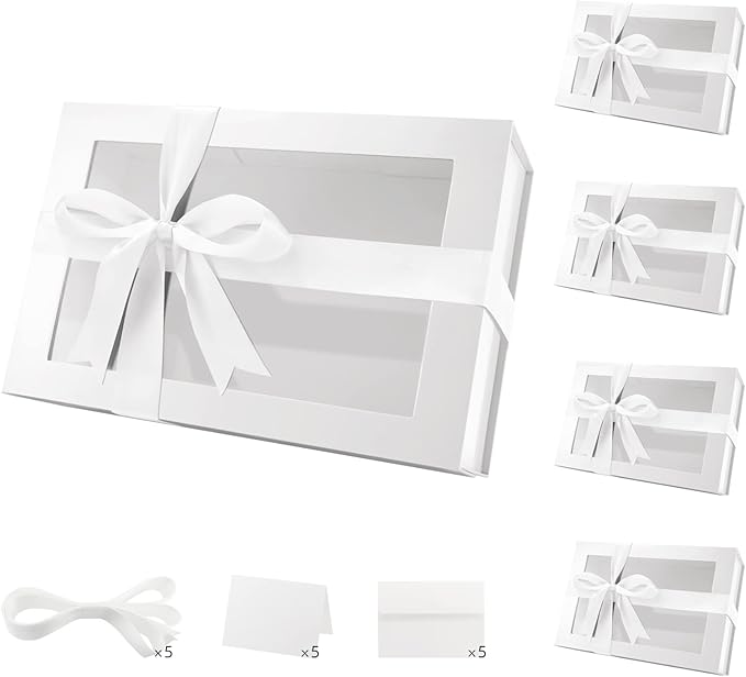 PACKQUEEN 5 Large White Gift Boxes with Windows, 13.5x9x4.1 Inches Clear Gift Boxes for Presents Contain Ribbons, Cards, Bridesmaid Proposal Boxes, Boxes with Magnetic Lids (Glossy White)