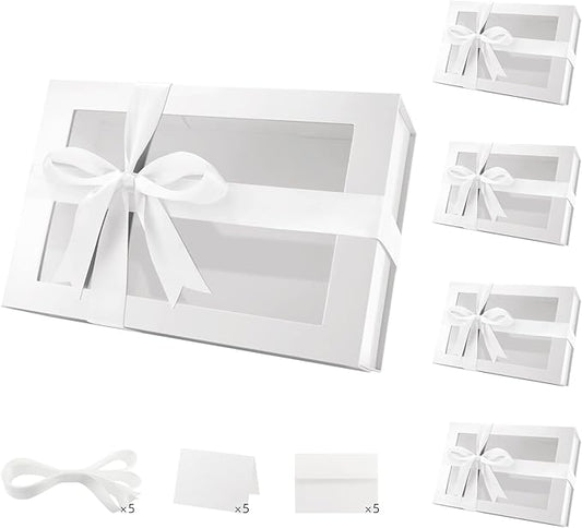 PACKQUEEN 5 Large White Gift Boxes with Windows, 13.5x9x4.1 Inches Clear Gift Boxes for Presents Contain Ribbons, Cards, Bridesmaid Proposal Boxes, Boxes with Magnetic Lids (Glossy White)