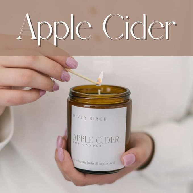 River Birch Candles Apple Cider Scented Candle | Premium, All-Natural, Non-Toxic, Soy Amber Jar Candles | 8.5oz 40 Hr Burn Time | Cozy Relaxing Gifts for Home