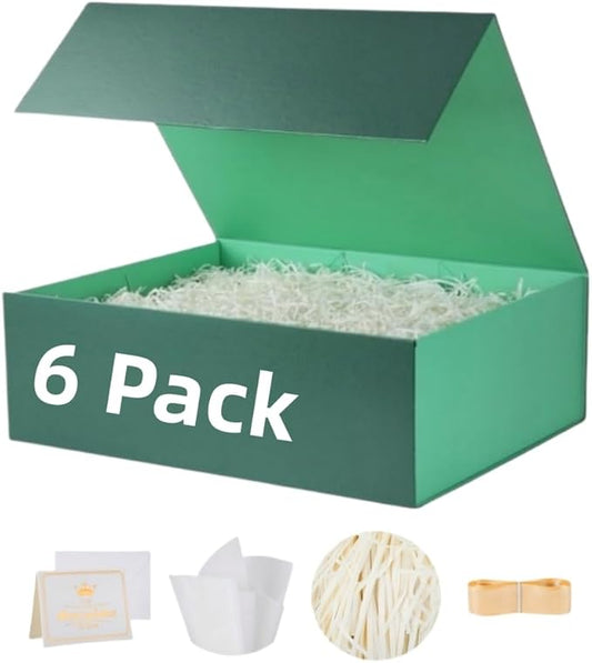 6 Pack Green Gift Box Large 13.5x11.8x4.7 inch Luxury Gift Box for Presents with Magnetic Closure Lid Collapsible,Birthday,Christmas,Contains Card, Ribbon, Tissue Paper,Shredded Paper Filler