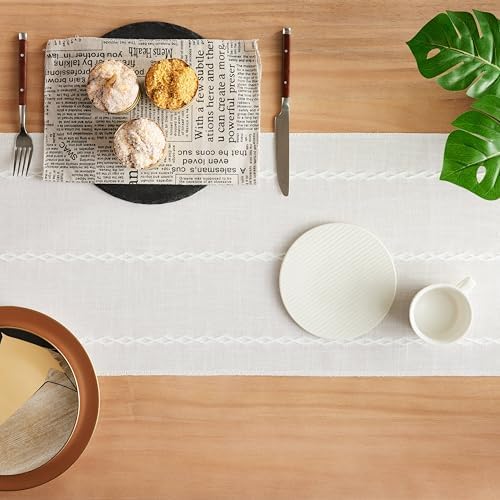 Braided Farmhouse Table Runner, Braided White 13x72 Inch, Cotton Linen Table Runners 72 Inches Long, Embroidered Striped White Boho Table Runner Rustic Home Decor