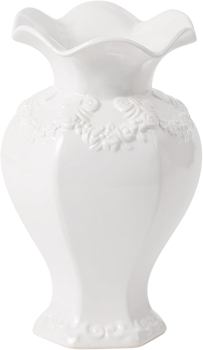 White Ceramic Vase, Decorative Vases for Modern Home Decor, Farmhouse Minimalist Decor, Boho Flower Vases for Living Room, Bedroom, Kitchen, Dining Table, Office, Wedding, 8.5 Inches