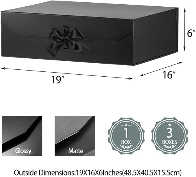 Extra Large Gift Box Black with Ribbon 19x16x6 Inches, Gift Box with Lid Magnetic Closure, Groomsman Proposal Box, Rectangle Collapsible Gift Boxes for Wedding Gown (Matte Black)