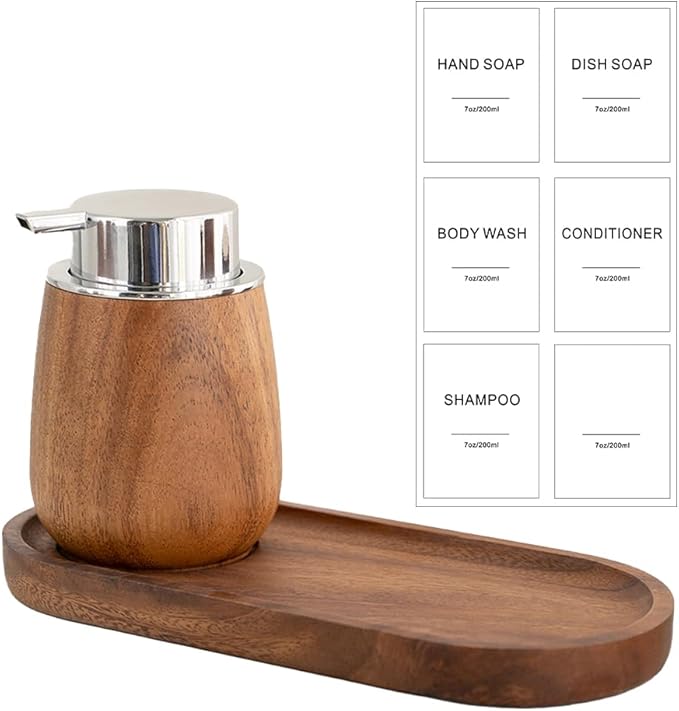 Walnut Wood Soap Dispenser Set with Tray, 7oz/200ml Foaming Hand Soap Dispenser with 6 Labels, Wooden Bathroom Organizer Tray for Toiletries & Aromatherapy, Countertop Bathroom Accessories