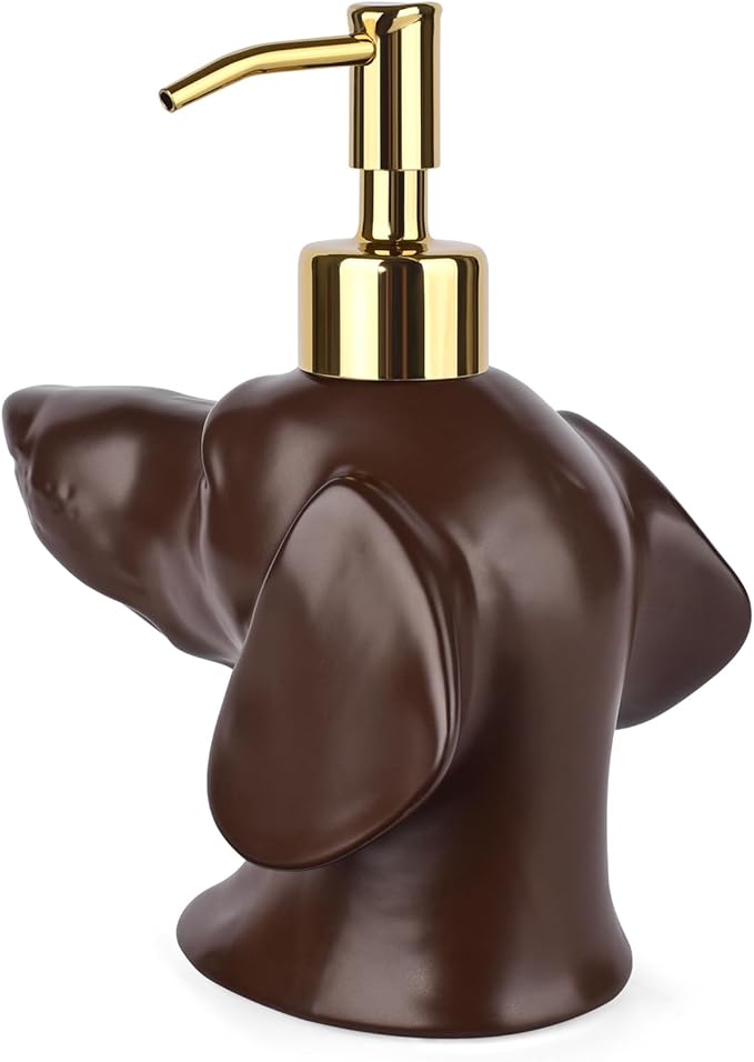 Dachshund Dog Shaped Soap/Lotion/Hand Sanitizer Weiner Ceramic Stainless Steel Pump Dispenser Gift for Dog Lover, Refillable for Kitchen and Bathroom(Brown)