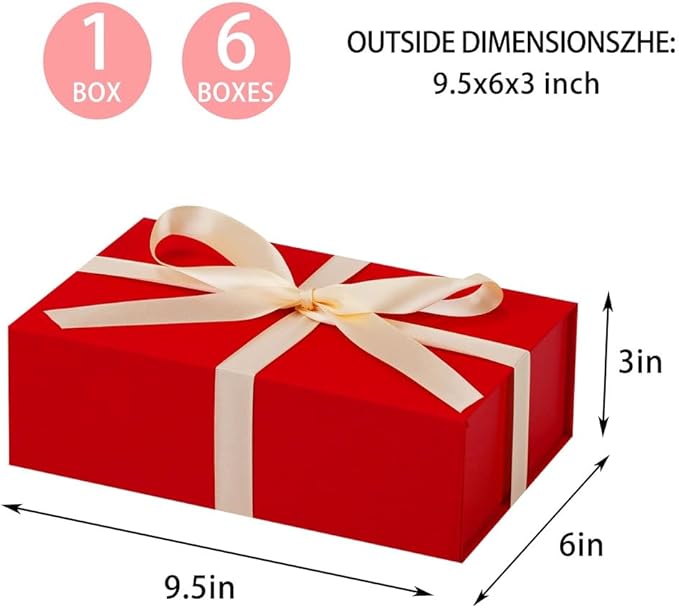 UoeRing 6 Pack Red Gift Box 9.5x6x3 inch Small Luxury Gift Box for Presents with Magnetic Lid Collapsible,Valentine's Day,Christmas,Contains Card, Ribbon, Tissue Paper,Shredded Paper Fille