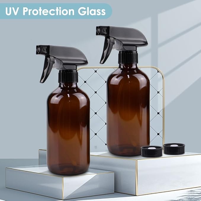 Glass Spray Bottle, Amber Glass Spray Bottle Set & Accessories Refillable for Plants Window Cleaners Aromatherapy Facial Hydration Watering Flowers Hair Care (2 Pack/16 oz) (Amber)