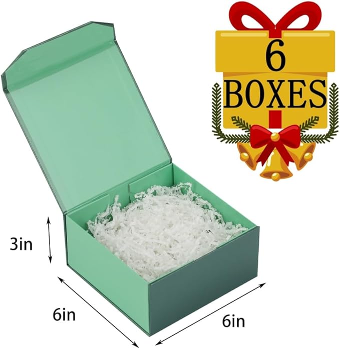 6 Pcs Small Green Gift Box 6x6x3 Inch Magnetic Gift Box Small Magnetic Box with Crinkle Paper Green Small Gift Box with Shredded Paper Luxury Gift Boxes with Lids for Presents