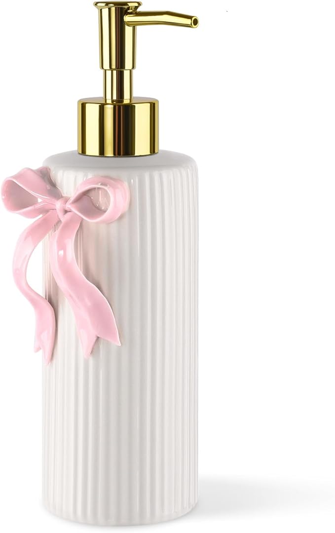 Handmade Ceramic Bow Soap Pump Dispenser Hand Lotion Liquid Dispenser Refillable for Kitchen and Bathroom Decorative (Ribbon Pink)