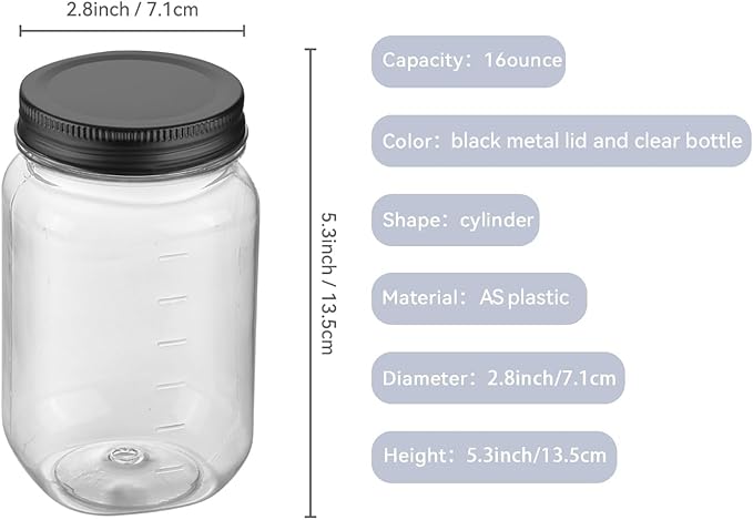 novelinks 16 oz Clear Plastic Jars with Screw-On Lids - BPA-Free Refillable Storage Containers for Slime, Food, Crafts, Kitchen & Household Use (20 Pack,Black)