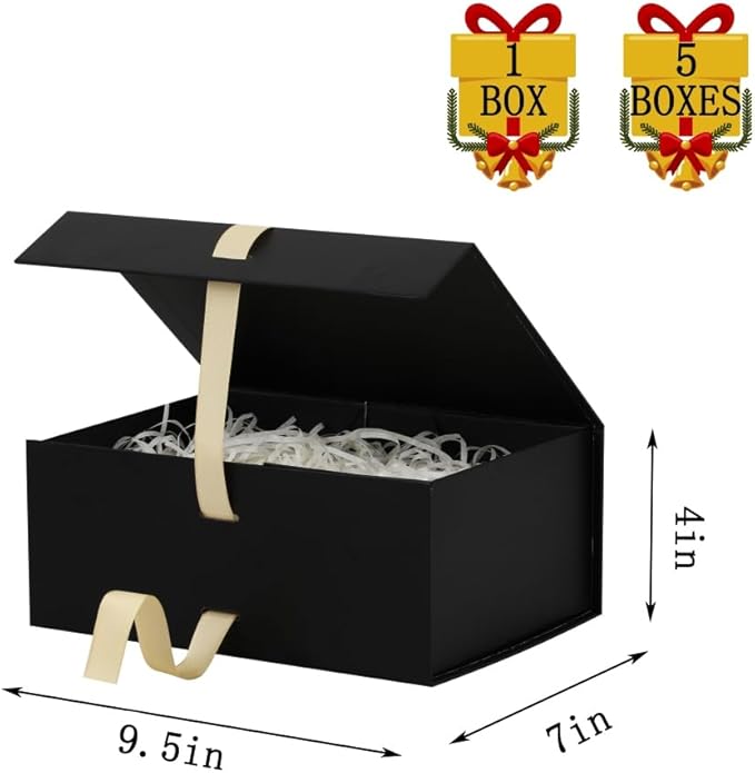 Skivra Black Gift Box with Ribbon - 1 Pack, 9.5x7x4 Inch Small Rectangle Collapsible Luxury Gift Box with Magnetic Lid Closure, Crinkle Cut Paper Shred with Card