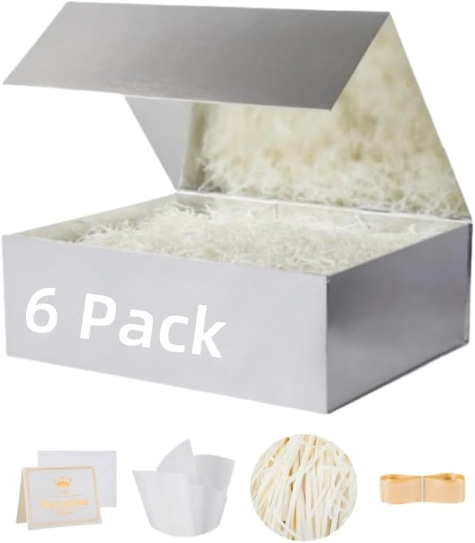 UoeRing 6 Pack Silver Gift Box 9.5x6x3 inch Small Luxury Gift Box for Presents with Magnetic Lid Collapsible,Bridesmaid Proposal,Contains Card, Ribbon, Tissue Paper,Shredded Paper Fille