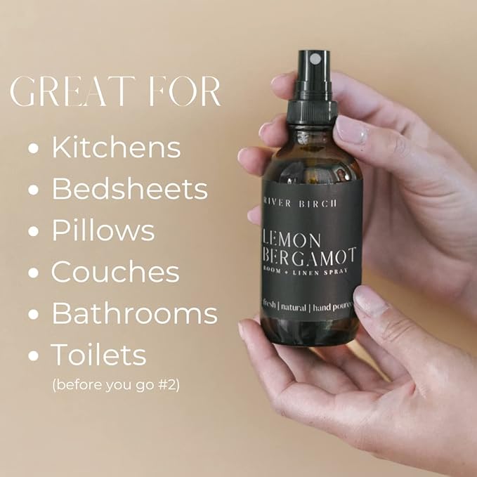 River Birch Lemon Bergamot Linen and Room Spray | Home Fragrance | 4 oz Glass Amber Bottle | Luxury Signature Scent | Handmade in Texas