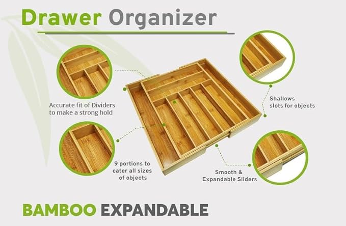 Nature Gear Bamboo Kitchen Drawer Organizer, Expandable Wood Utensil Tray, Adjustable Silverware Organizer with 9 Compartments for Fork, Spoon & Knife Utensils