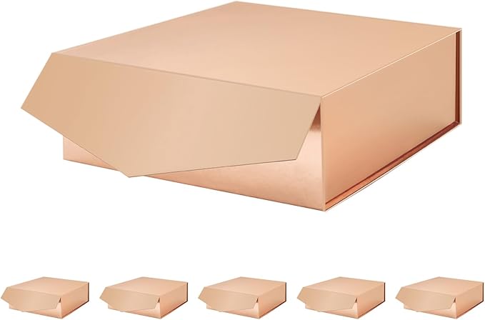 6 Gift Boxes with Lids 9x9x3.4 Inches, Rose Gold Bridesmaid Proposal Boxes with Magnetic Closure for All Occasion (Glossy Rose Gold)