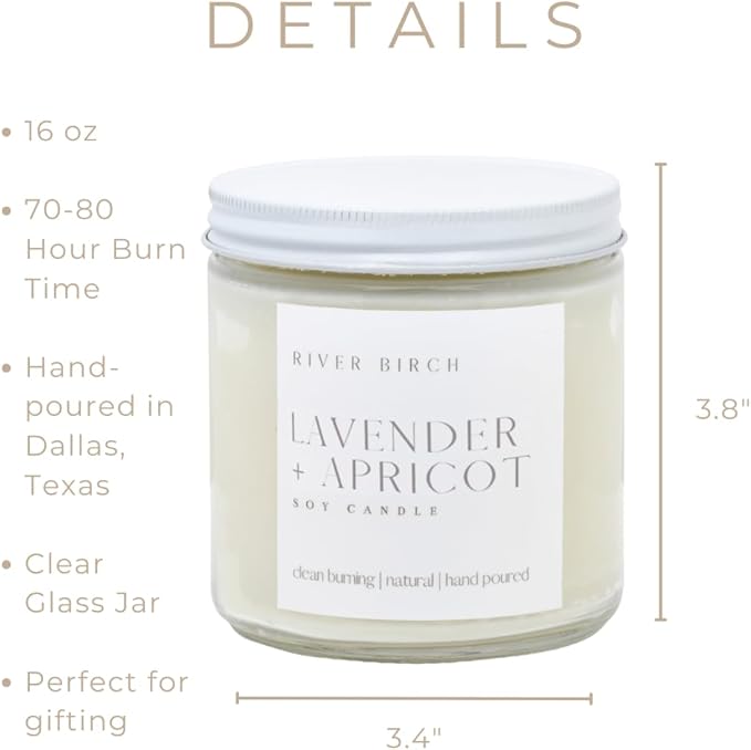 River Birch Candles Lavender + Apricot Scented Candle | Premium, All-Natural, Non-Toxic, Soy Wax | 16oz 90 Hr Burn Time | Cozy Relaxing Gifts for Home