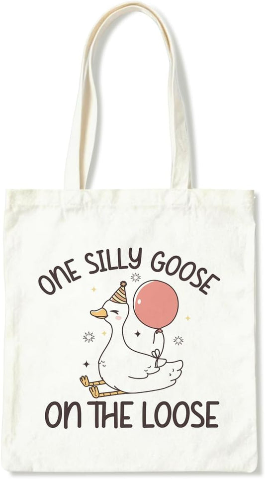 Funny Canvas Tote Bag for Women, One Silly Goose Reusable Shoulder Bags, Casual Canvas Totes to Work Traveling, Holiday Gift Bags for Wrap Storage, Christmas Gifts to Friends and Family