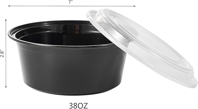 38 oz 150 ct Round Meal Prep Containers with Lids Plastic Food Storage To Go Lunch Box Disposable Take Out Bowls Black BPA Free Reusable Stackable Microwave Freezer Safe (Formerly FULING)