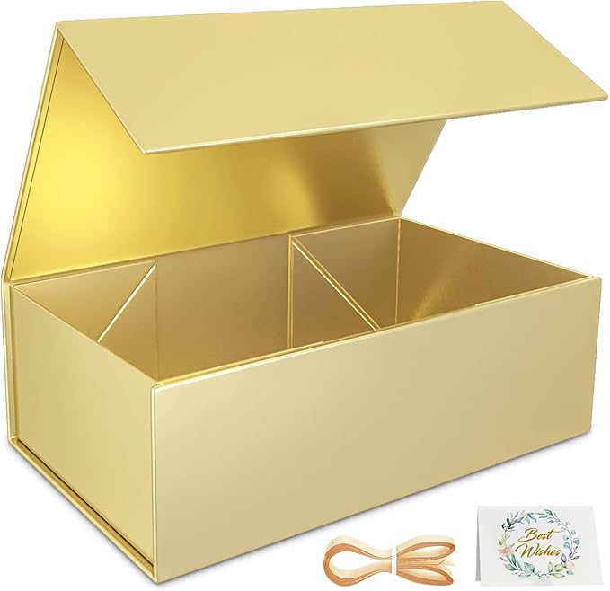 Gold Gift Box, 9.5x6x3'' Gift boxes for Presents with Lids Magnetic Closure Rectangle Collapsible for Bridesmaid Proposal Box, Wedding, Christmas, Halloween, Birthday Gift Packging