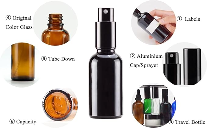 YIZHAO Black Glass Spray Bottles 1oz, with Small Fine Mist Spray, Metal Cap, Refillable for Essential Oil,Travel,Cleaning,Perfume,Aromatherapy,Makeup – 24 Pcs