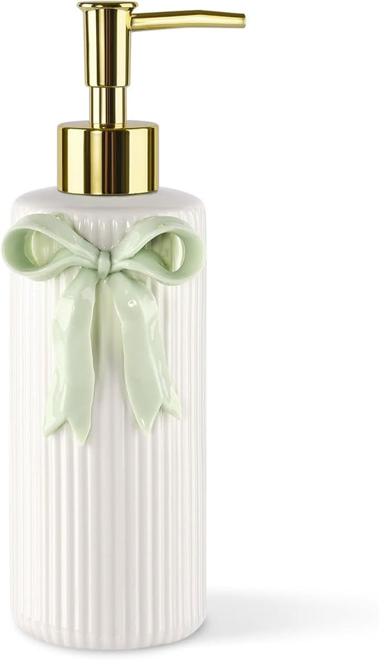 Handmade Ceramic Bow Soap Pump Dispenser Hand Lotion Liquid Dispenser Refillable for Kitchen and Bathroom Decorative (Ribbon Green)