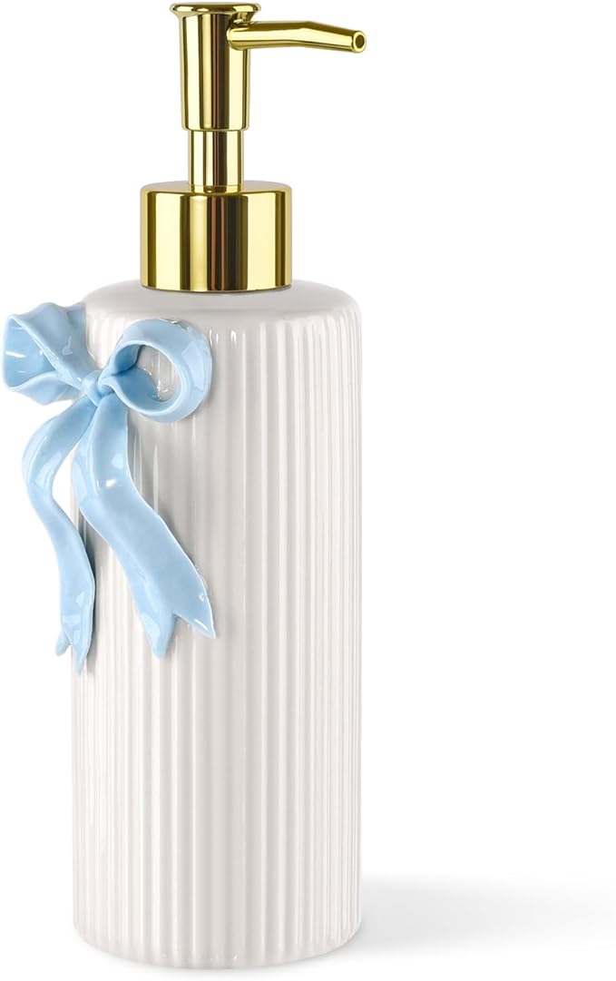 Handmade Ceramic Bow Soap Pump Dispenser Hand Lotion Liquid Dispenser Refillable for Kitchen and Bathroom Decorative (Ribbon Blue)
