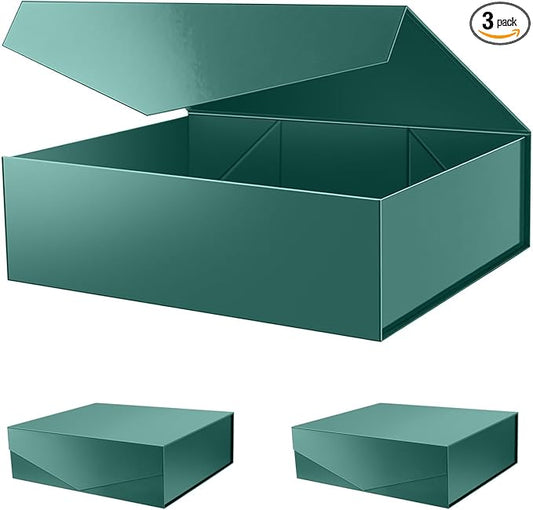 PACKHOME 17x14.5x5.5 Inches, 3 Extra Large Gift Boxes with Lids, Magnetic Closure Boxes for Clothes and Large Gifts (Glossy Green)
