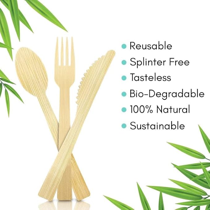 Boobam Econatural Products Bamboo Utensils - Natural Disposable Wooden Cutlery for Party, Eating, Camping, Picnic, Wedding, Birthday - Compostable Silverware - 8 Spoons, 8 Forks, 8 Knives - Box of 24