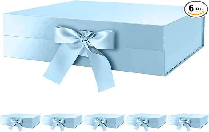 GREEN BEAN Luxury Gift Boxes with Lids - 6 Large Baby Blue Magnetic Boxes with Ribbon, Perfect for Bridesmaid Proposals or Any Occasion - 13x9.7x3.4 Inches