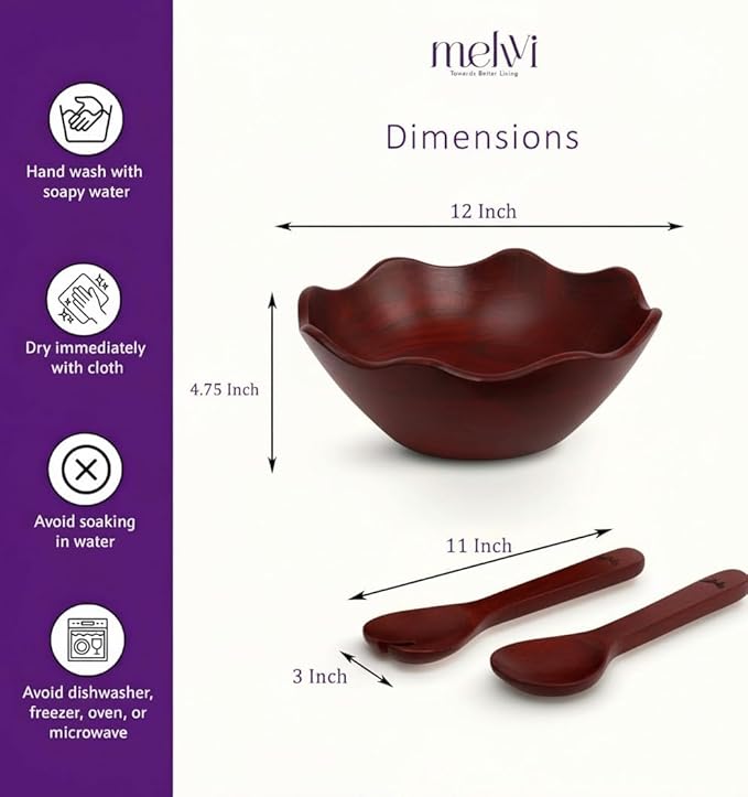 Melvvi Large Wooden Salad Bowl Set – 12" Wood Serving Bowl with 2 Utensils | Mango wood Scratch-Resistant - For Salad, Pasta & Fruits | Great Gift for Christmas (Walnut Brown)