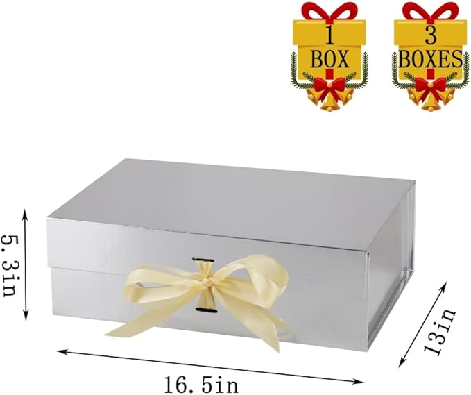 BoxSkivra Large Silver Gift Box with Ribbon 1 Pack 16.5X13X5.3 Inch Extra Large Gift Box with Lid Magnetic Closure Rectangle Collapsible Luxury Boxes for Wedding Dress、Shredded Paper Filler & Card