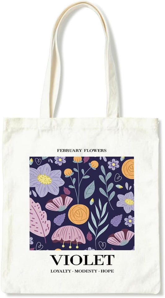 Flower Canvas Tote Bag, February Violets Reusable Shoulder Bags, Gifts to Friends and Family, Holiday Gift Bags for Wrap Storage, Casual Canvas Totes for Work Traveling