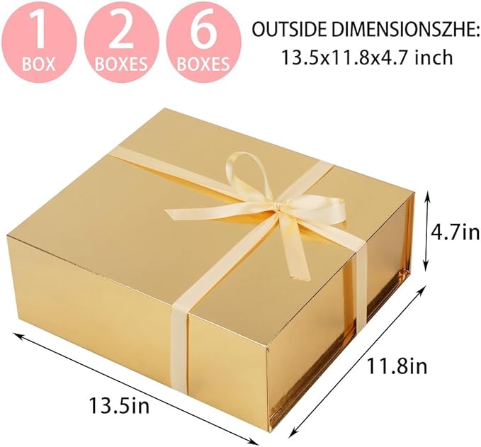 UoeRing 6 Pack Gold Gift Box Large 13.5x11.8x4.7 inch Luxury Bridesmaid Proposal Box for Presents with Magnetic Closure Lid Collapsible,Contains Card, Ribbon, Tissue Paper,Shredded Paper Filler
